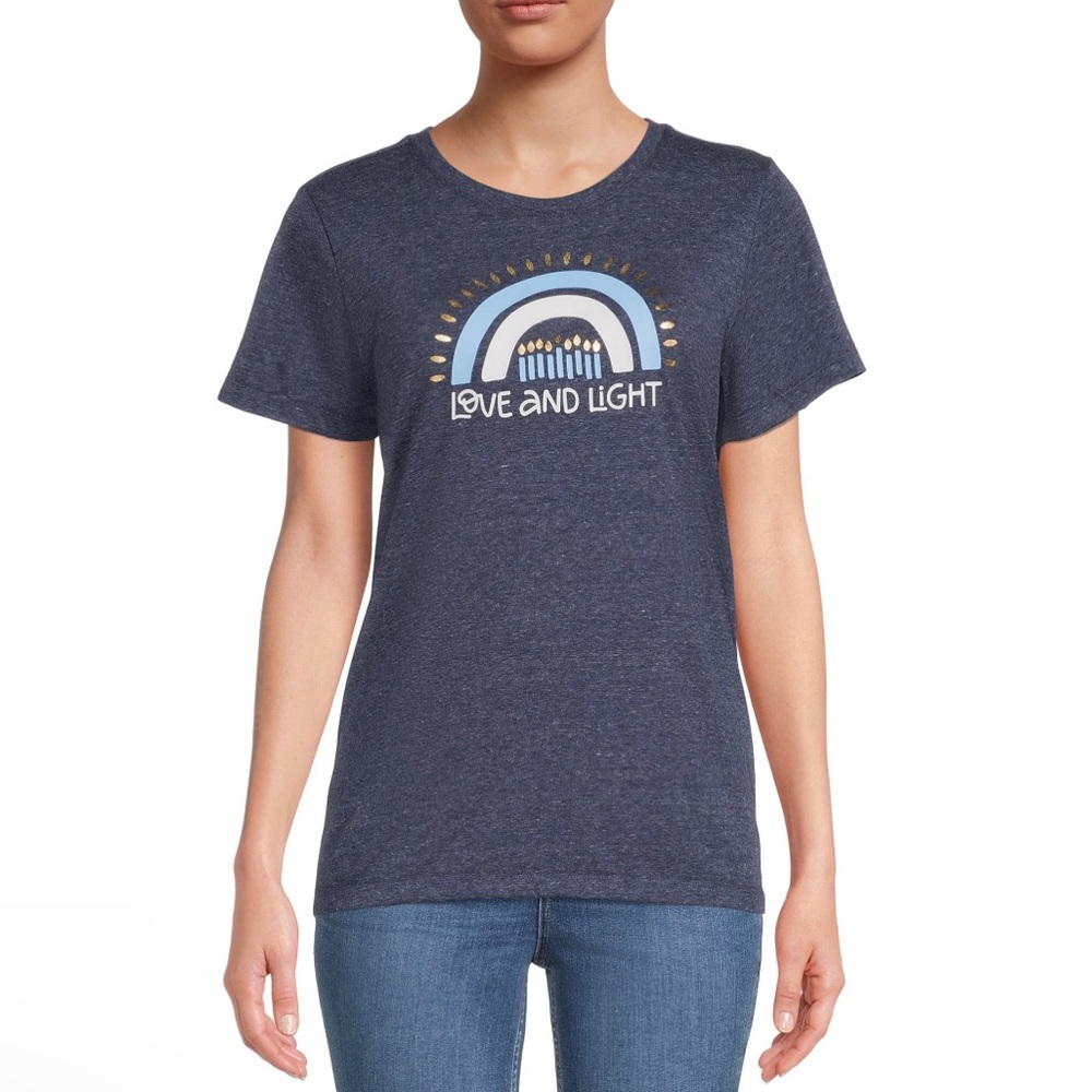 NEW Dark Gray Hanukkah "Love and Light" Gold Foil Rainbow Menorah T-Shirt S L
